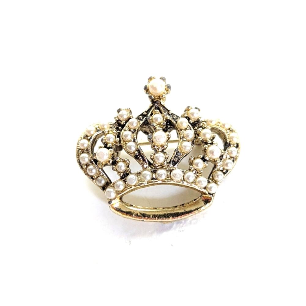 Vintage Estate Faux Seed Pearl Queen Princess Crown Pin Brooch